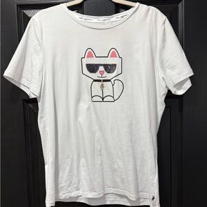 Karl Lagerfeld White T-Shirt Cat Graphic with Sunglasses & Dangle Collar Charm